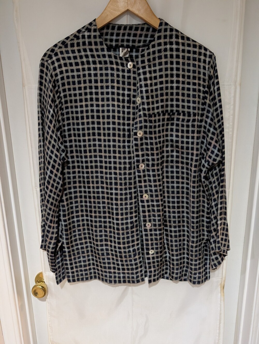 Vintage Anne Klein 100% Silk Jacquard Geometric Grid Blouse